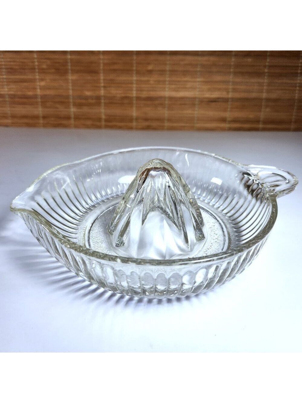 Vintage Ribbed Glass Juicer Reamer: Clear Citrus Press with Handle L11